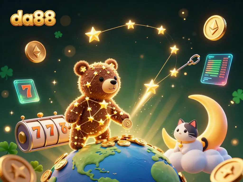 Join the magical world of da88 as a constellation bear scoops coins in an enchanting casino scene.