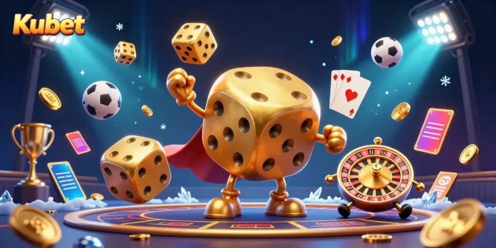 Kubet showcases exhilarating gaming with a vibrant 3D illustration featuring golden dice and sports elements in action.