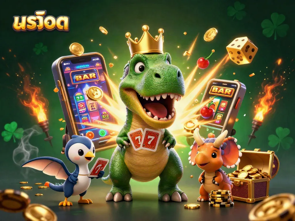 Engaging scene of a friendly T-Rex shuffling cards alongside a pterodactyl with golden chips in a casino atmosphere, featuring สล็อต.