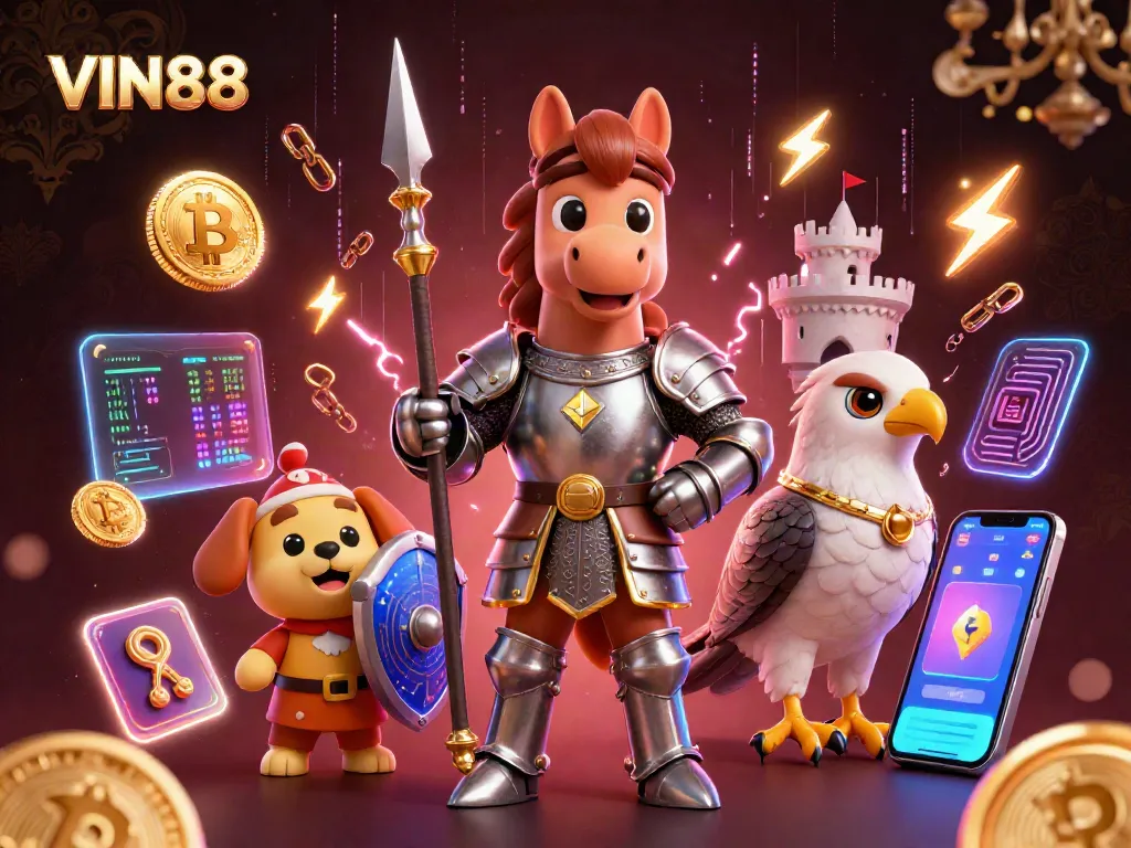 Engage with exciting gameplay at VIN88, featuring a knight and playful characters in a rich casino scene.