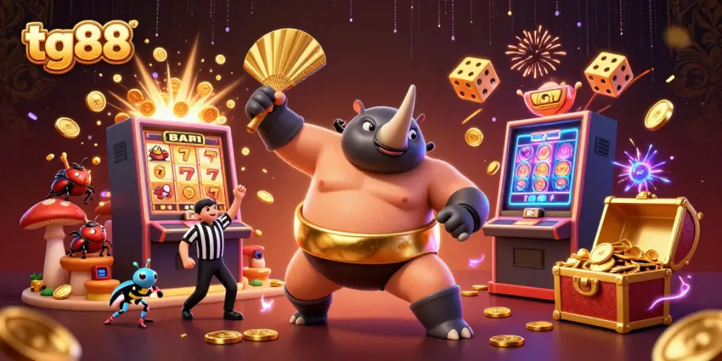 Experience the thrill of tg88 with a sumo-rhinoceros beetle champion amidst a jackpot explosion and vibrant casino elements.