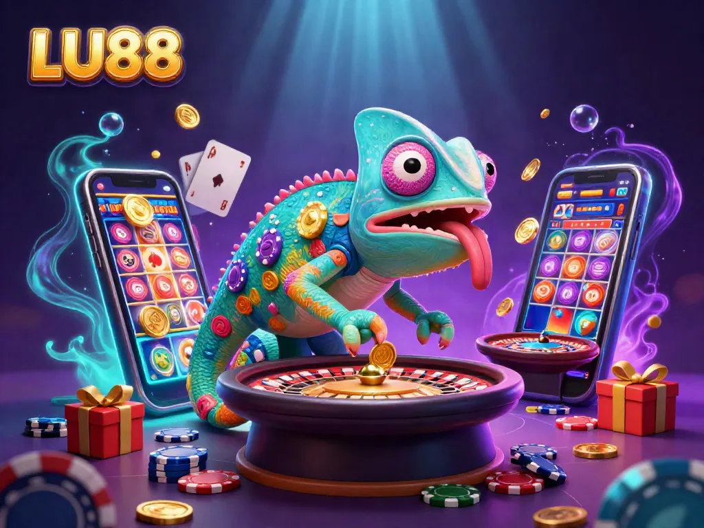 LU88 chameleon casino owner surrounded by vibrant casino elements energizing gameplay