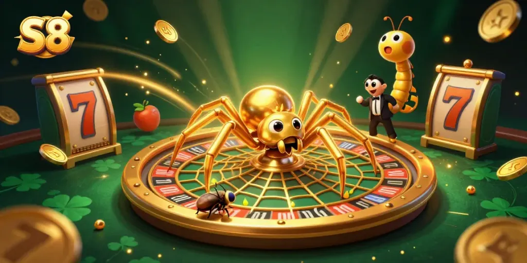 Experience thrilling gameplay at S8 with a golden spider croupier spinning a roulette wheel web.