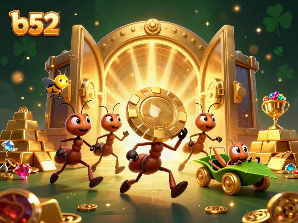 Experience the thrill of b52 with ants heisting a giant poker chip amidst gold treasures and casino elements.