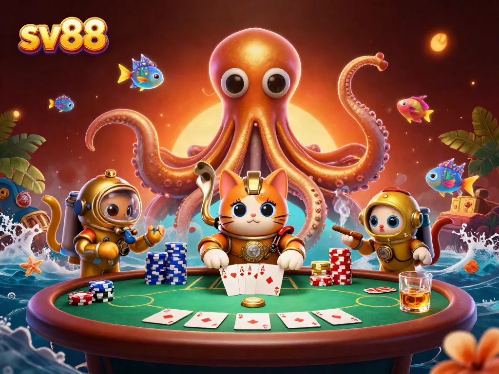 Experience thrilling gameplay at sv88 with a vibrant poker scene featuring a kraken and diving cat.