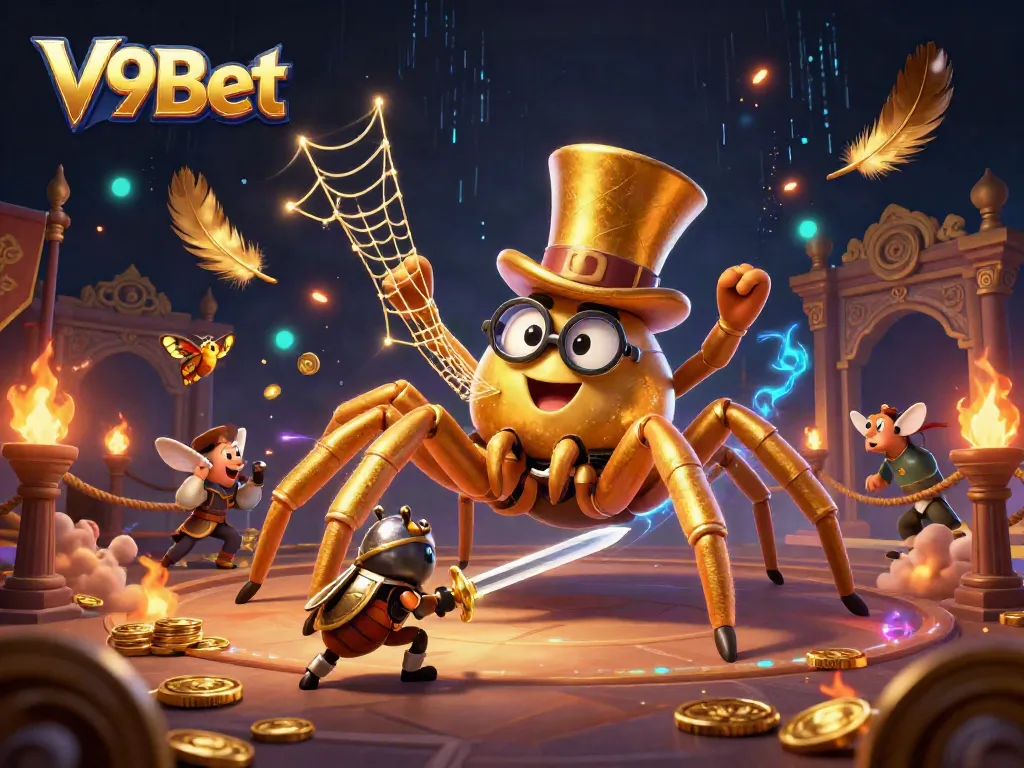 Experience V9Bet's thrilling casino atmosphere with a giant golden tarantula and knight in a 3D dynamic scene.