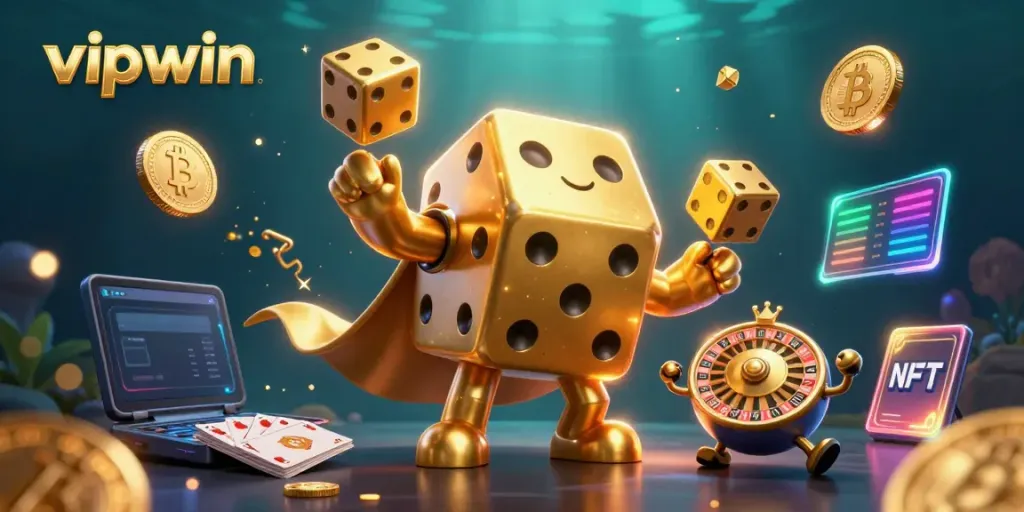 Experience thrilling gameplay with vipwin's online casino elements in a vibrant 3D illustration.