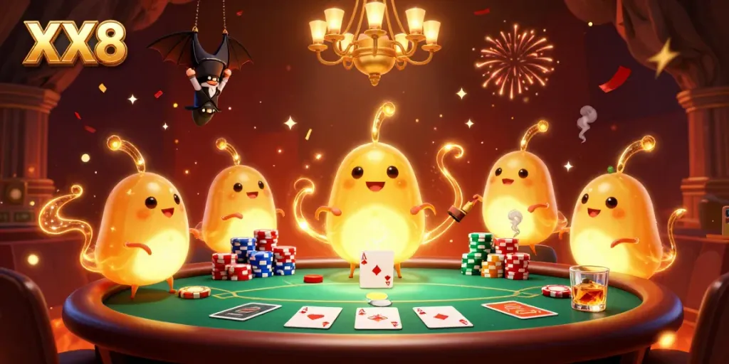 Experience the electric atmosphere of XX8 casino illuminated by glowing characters and vibrant poker elements.