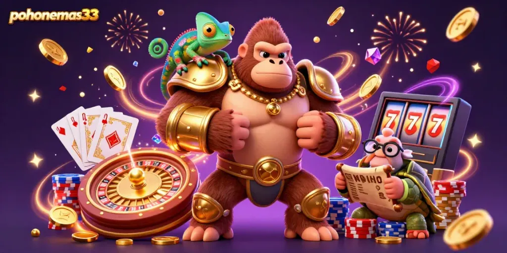 Gorilla raja bertarung di Pohonemas33 dengan chameleon dan kura-kura, dikelilingi koin emas dan permainan slot.