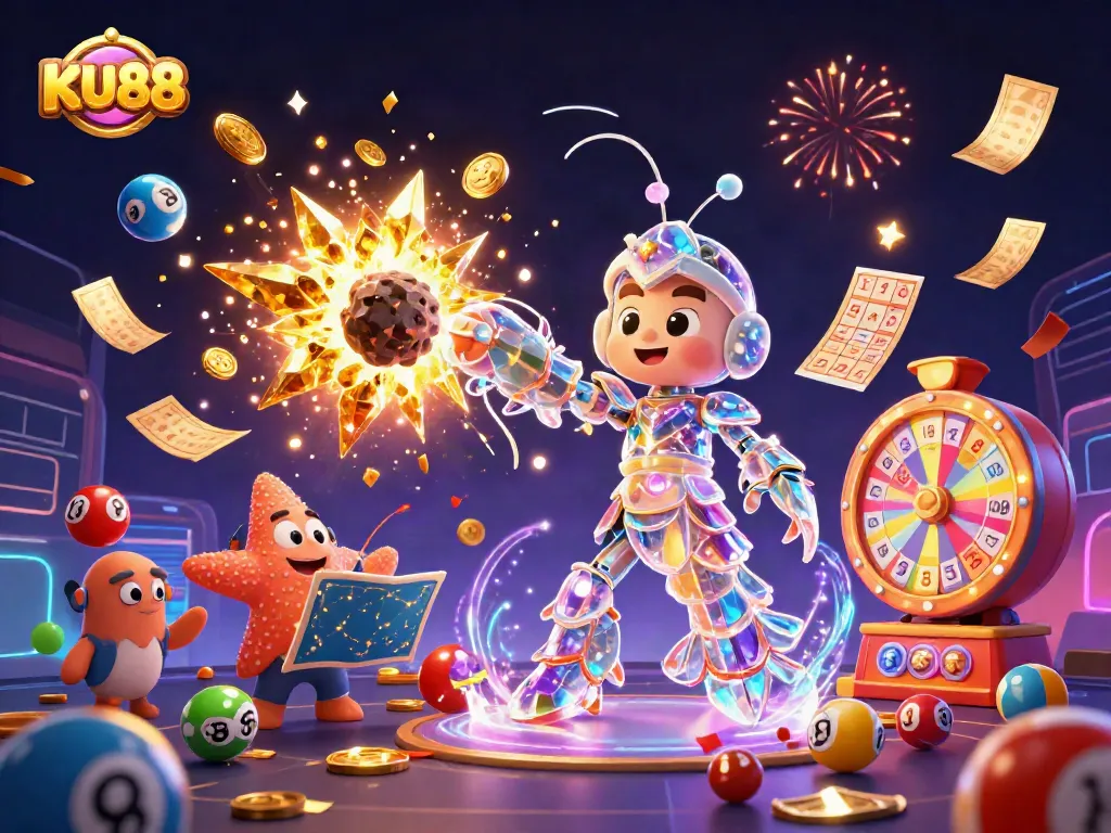 Engage with KU88 as a lively 3D scene showcases gaming excitement with gold coins and lottery elements.