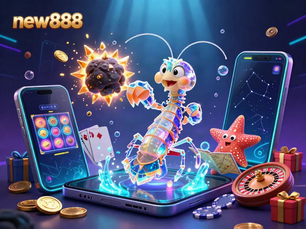 Engage in thrilling gameplay with new888’s dynamic slot games and colorful characters in this vivid 3D illustration.
