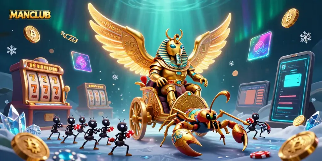 Engage in thrilling games at MANCLUB with lively scenes featuring slot reels and gaming excitement.