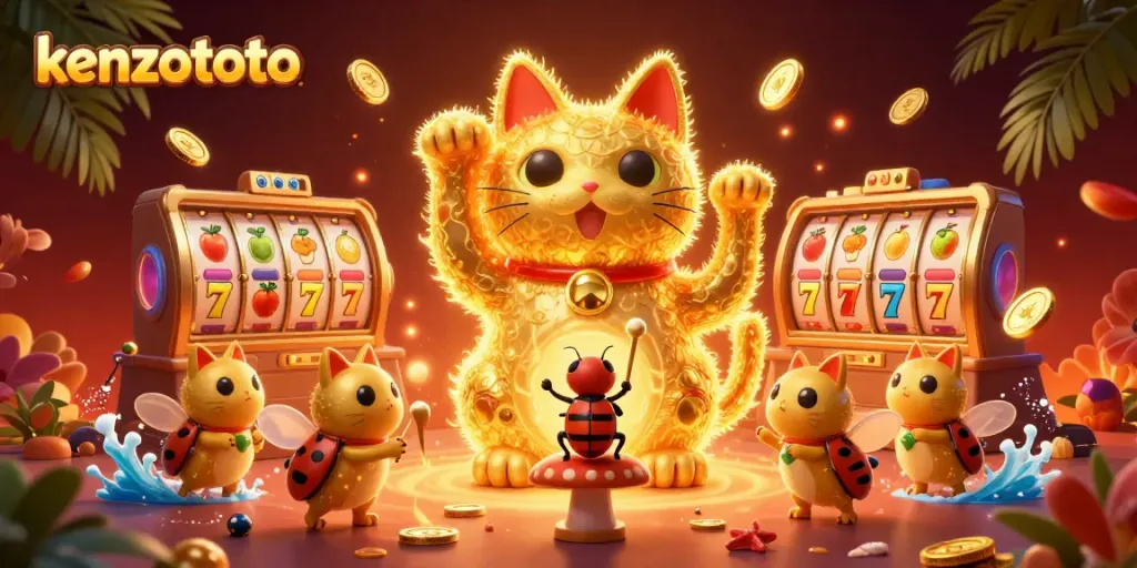 Engage with kenzototo's dynamic casino experience featuring a golden lucky cat and vibrant game elements.