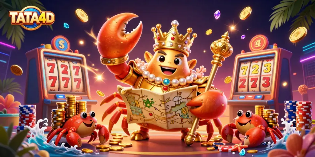 Experience thrilling gameplay with TATA4D's vibrant casino scene featuring a golden crab emperor and dazzling slot elements.