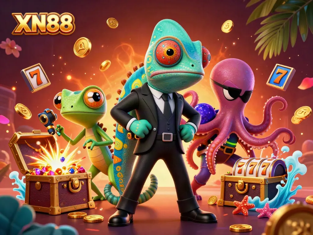 Play thrilling games with XN88 showcased in a vibrant 3D casino scene featuring a chameleon and a gecko.