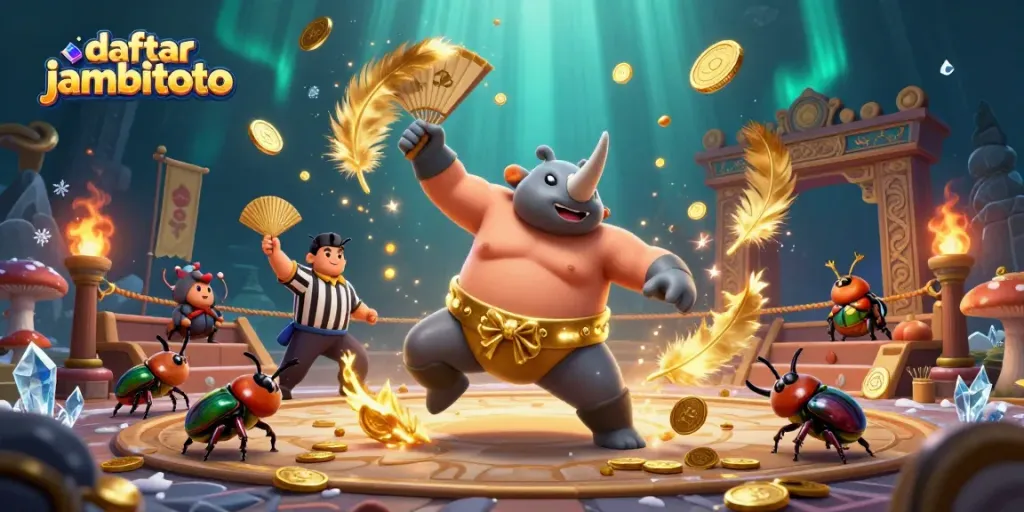 Experience daftar jambitoto with vibrant gambling scene featuring a beetle sumo champion.