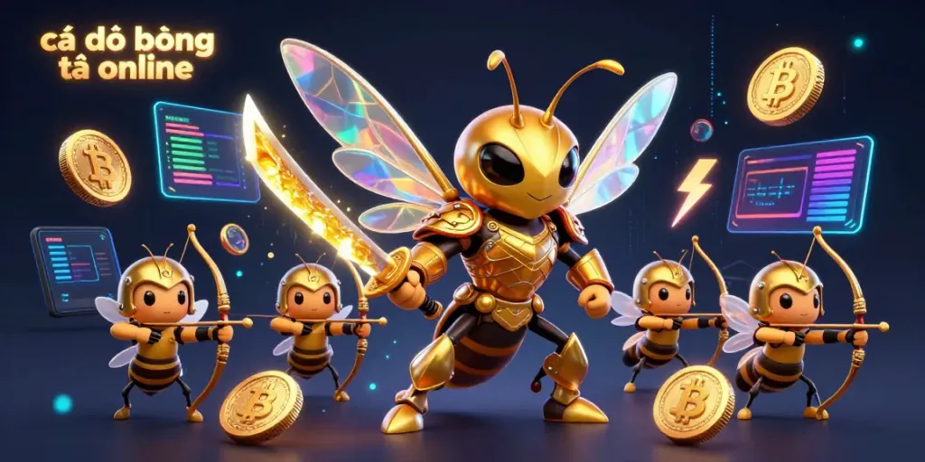 Experience cá độ bóng đá online with dynamic 3D cartoon hornet and crypto elements in vibrant design.