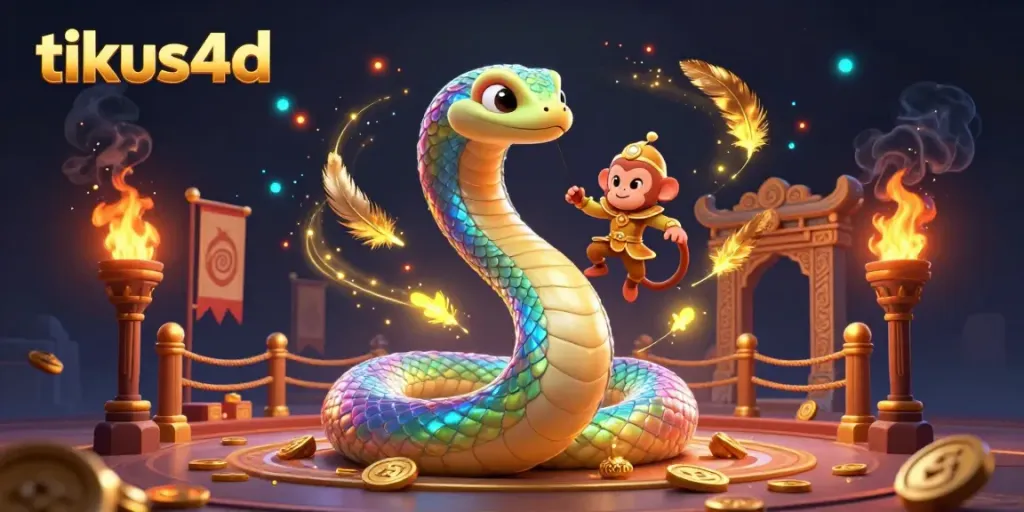 Engage with tikus4d's vibrant 3D illustration featuring a dynamic rainbow serpent and playful monkey king in an exciting online gambling scene.
