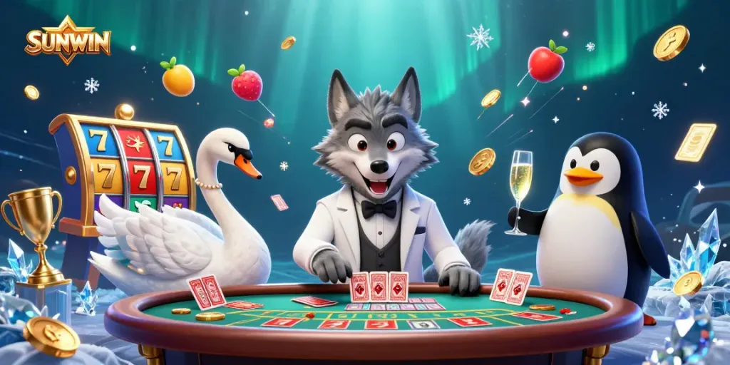 Engage with SUNWIN's exciting slots featuring a debonair wolf at a baccarat table, creating thrilling casino experiences.