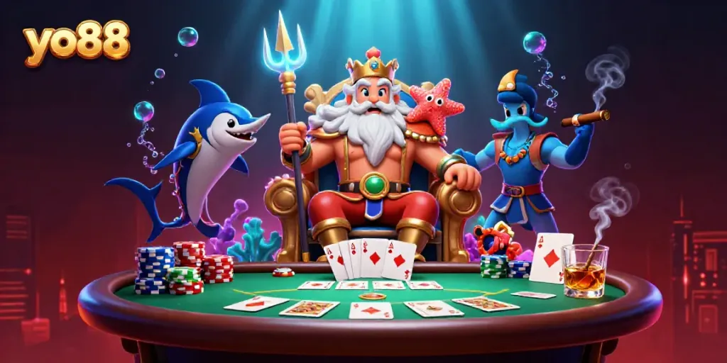 Engage in exciting poker games at yo88 with Neptune and his gaming entourage.