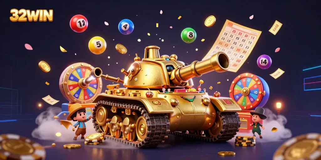 Experience the excitement of 32WIN with a vibrant casino scene featuring a golden beetle tank and dynamic game elements.