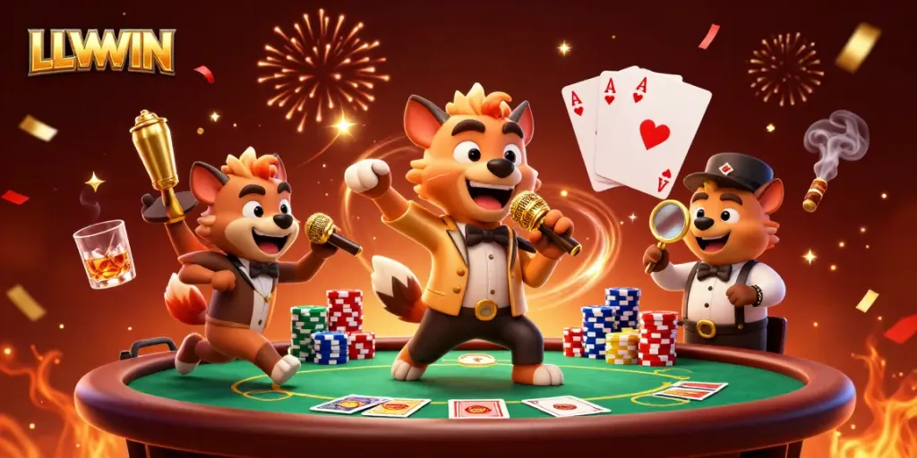 Experience the excitement of LLWWIN in a vibrant casino scene featuring hyena characters engaging with poker elements.