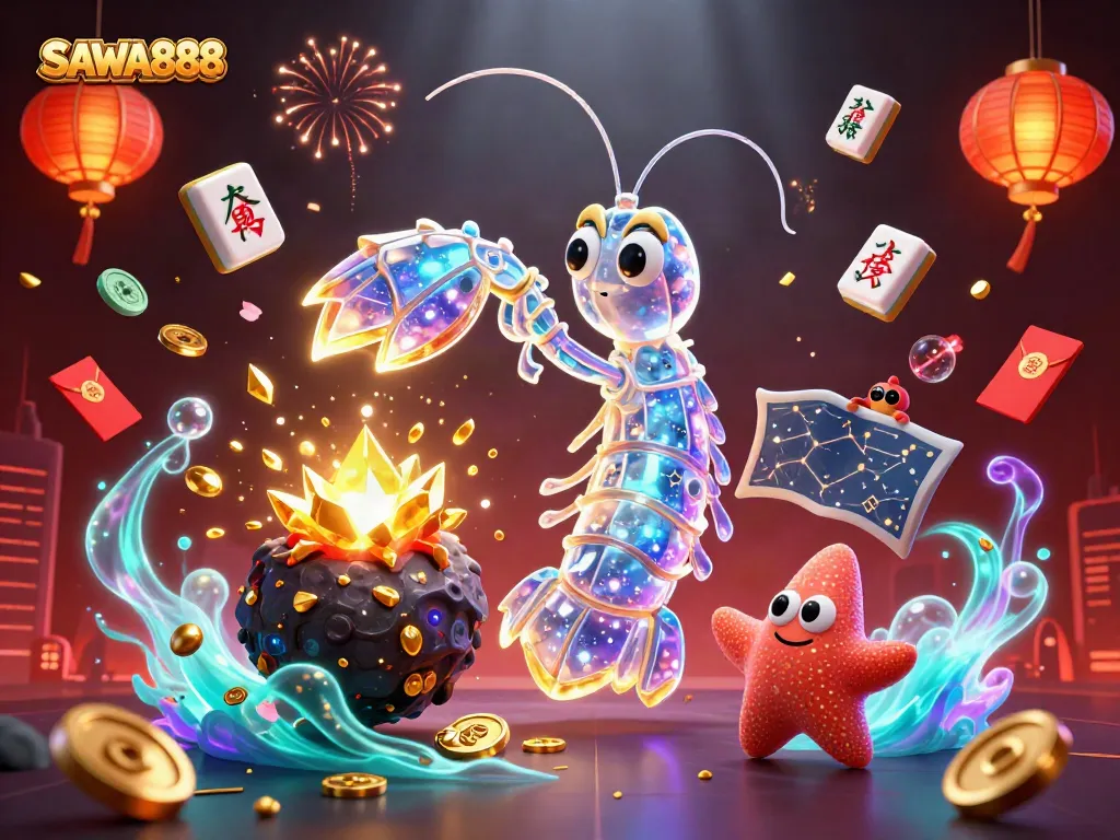 SAWA888 showcases a 3D mantis shrimp gaming illustration, erupting with coins and mahjong tiles.