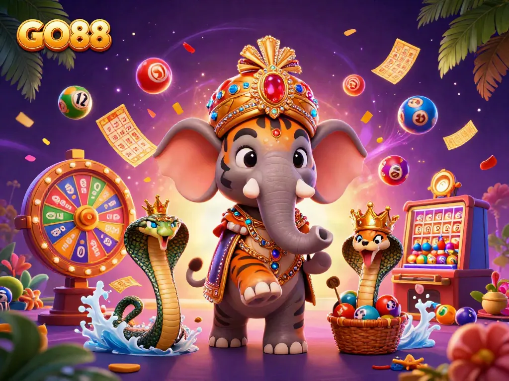 GO88 showcases an exciting casino scene with a maharaja, elephant, and vibrant gaming elements.