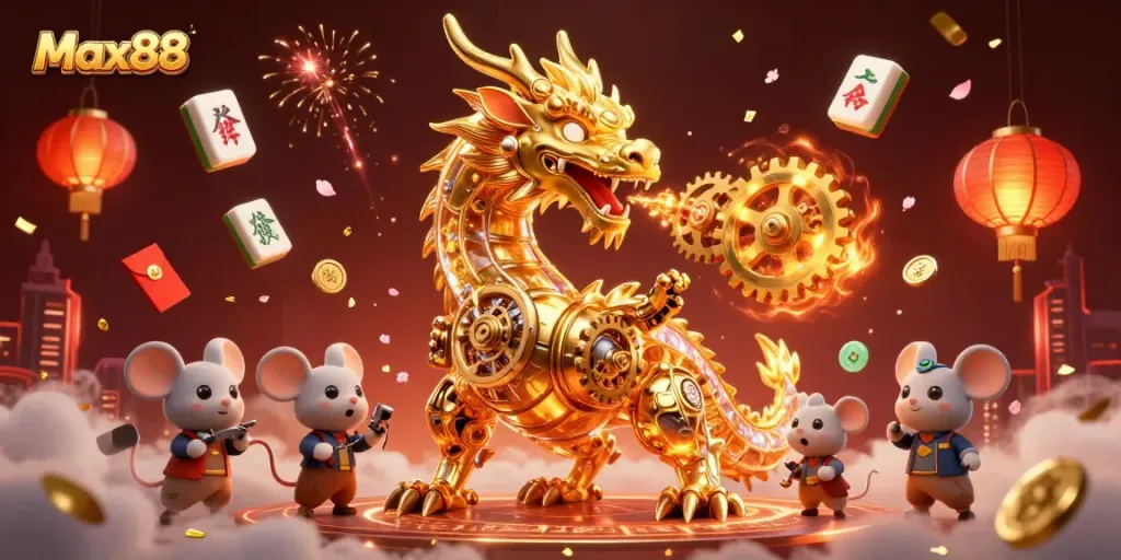 Experience the thrill of Max88 with vibrant casino-themed 3D illustration featuring a golden dragon and magical elements.