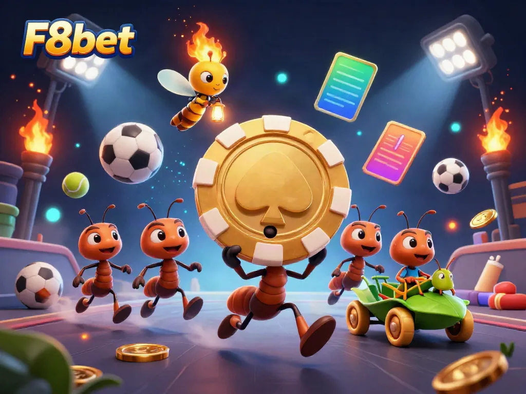 F8bet ants' heist illustration with golden chip and sports elements in dynamic setting