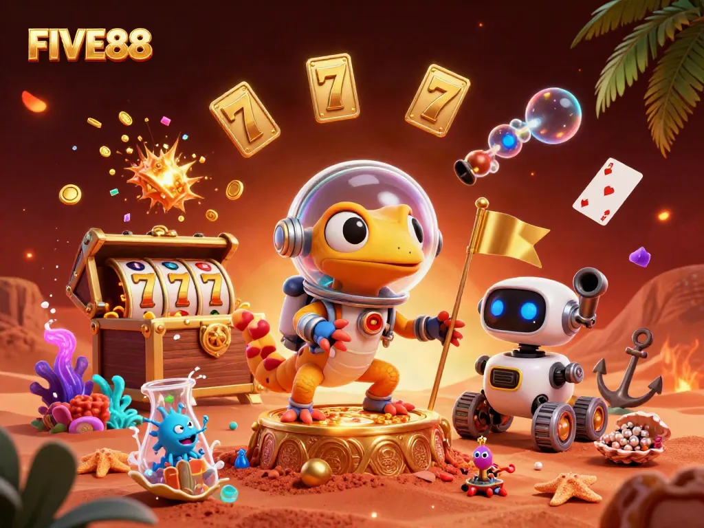 Experience FIVE88 gaming thrills with an alien gecko and treasure in a vibrant casino scene.