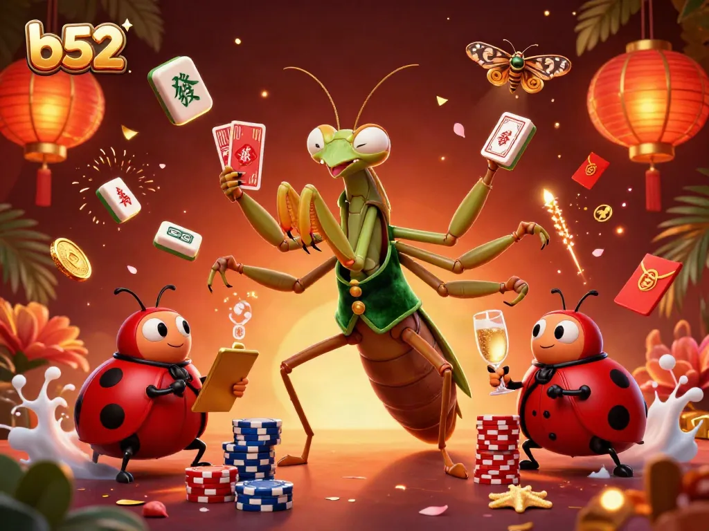 B52 themed casino scene with a mantis dealer, ladybug pit boss, and vibrant game elements