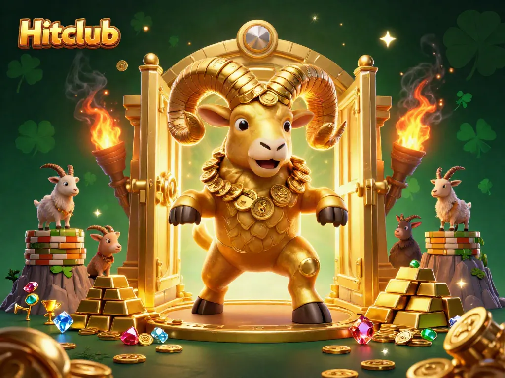 Hitclub showcases a dynamic scene with a golden ram charging, symbolizing winning strategies in online gaming.