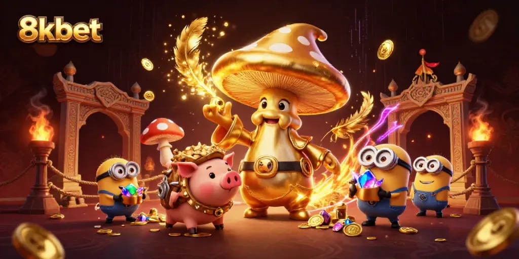 Experience the magic of 8xbet in a vibrant 3D casino scene blending fantasy and gaming elements.