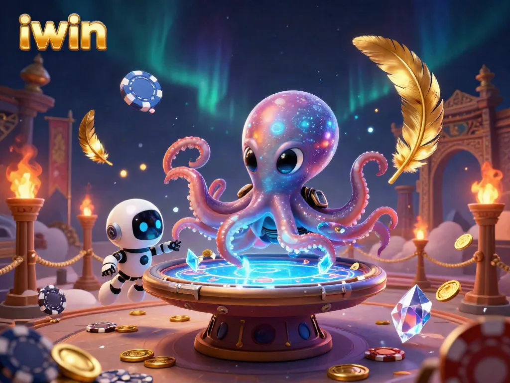 iwin showcases a playful alien octopus at a holographic poker table amid colorful casino elements.