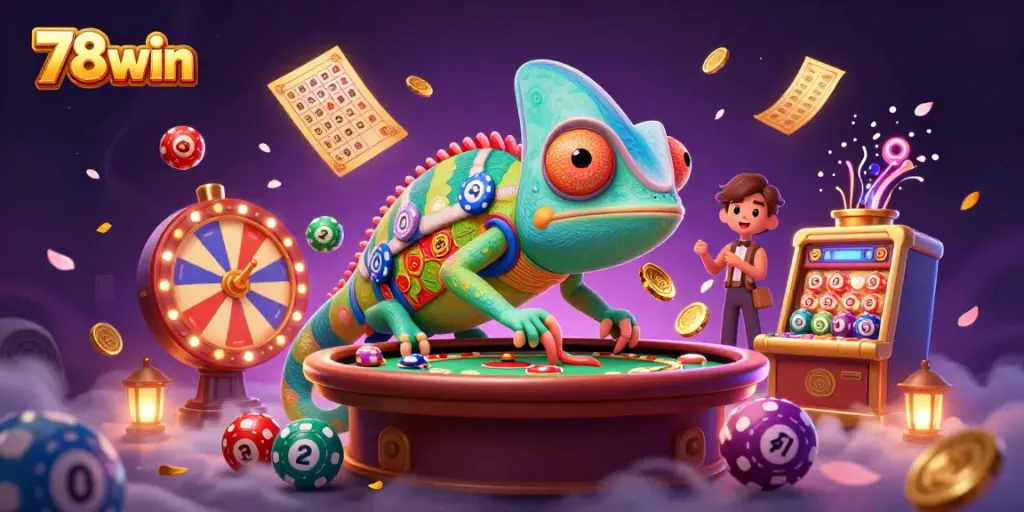 Experience the thrilling atmosphere of 78win with vibrant lottery elements and a unique chameleon casino owner.