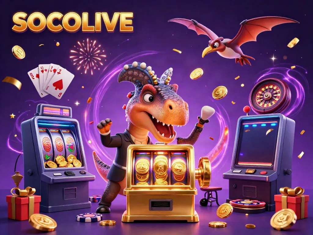 SOCOLIVE delivers thrilling jackpot action as a dinosaur interacts with a slot machine amidst flying coins.