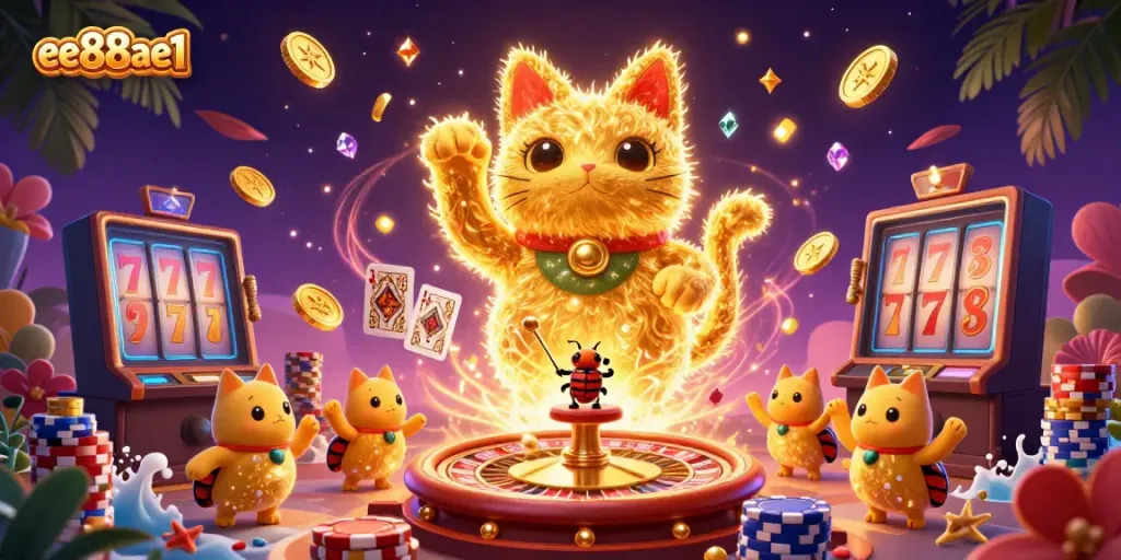 Experience thrilling casino action with the ee88ae1 lucky cat illustration surrounded by vibrant gaming elements.