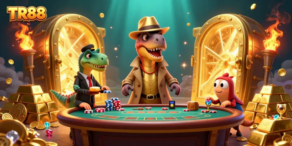 Experience high-stakes action with TR88 at the blackjack table featuring animated dinosaurs.