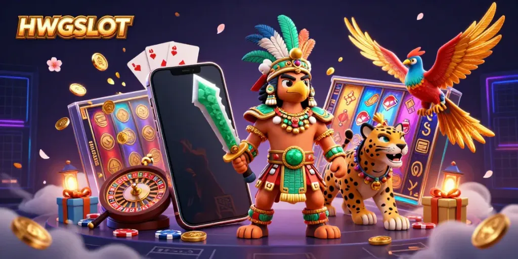 Experience HWGSLOT with dynamic slot gameplay and vibrant 3D characters in an immersive casino scene.