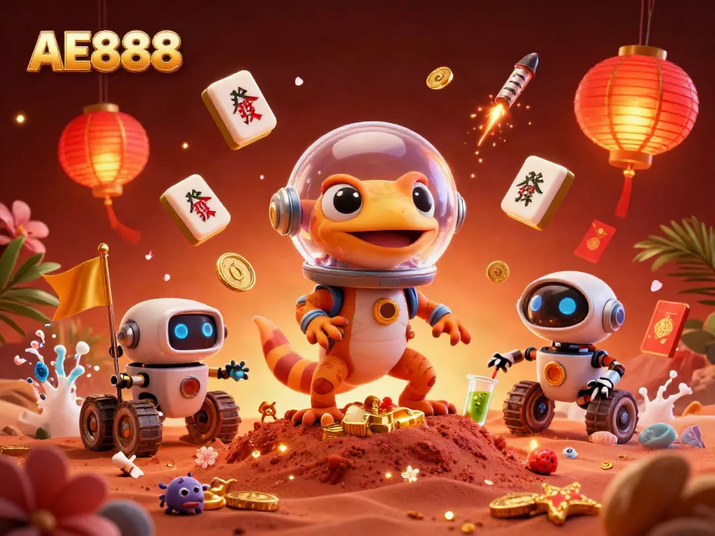 Engage with AE888 Casino's dynamic gaming in a vibrant 3D Martian scene.