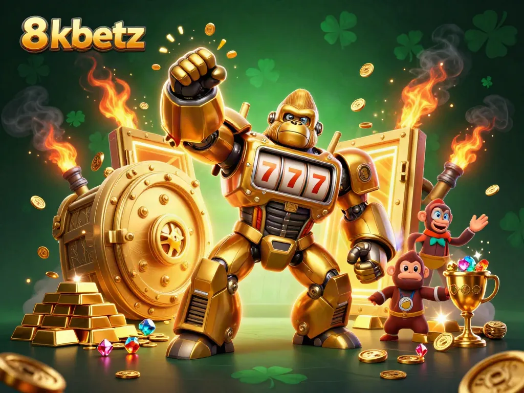 8xbetz casino-themed illustration featuring a golden mech and treasure, showcasing a vibrant slot machine scene.