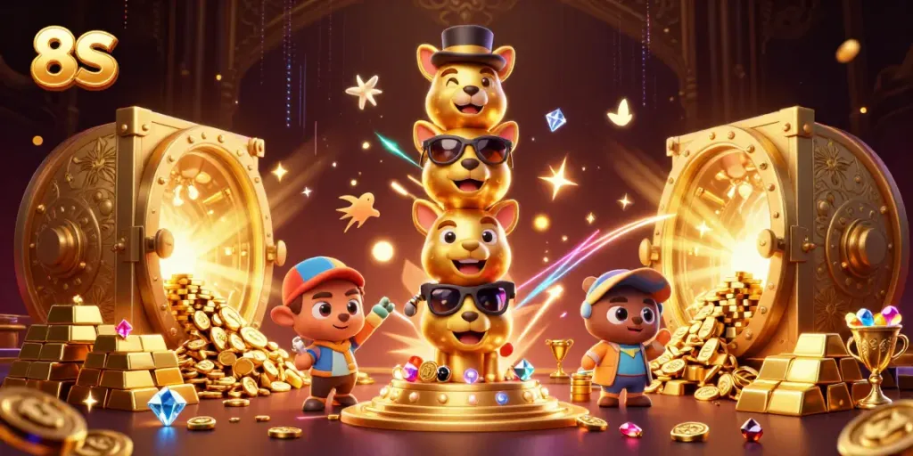 Experience the excitement of 8S with a vibrant 3D casino scene filled with treasure and animated characters.