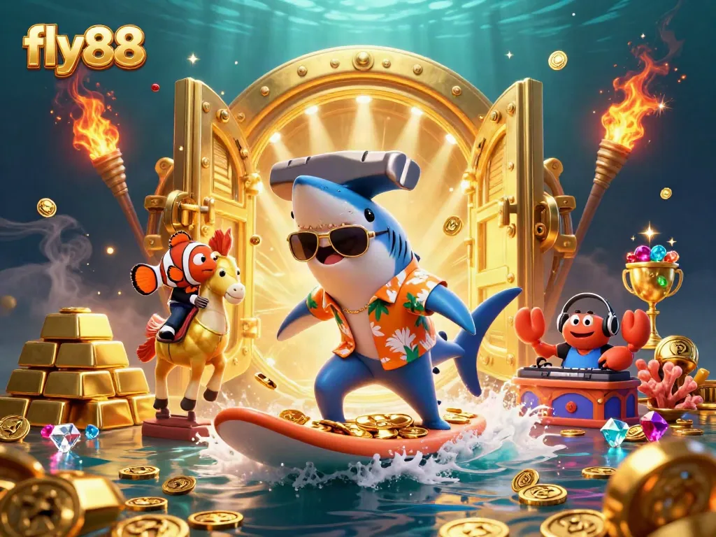 Experience the thrill of fly88 casino with a vibrant 3D illustration of unique underwater characters.
