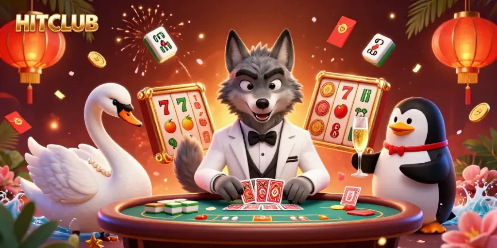 Engaging HITCLUB casino scene featuring a debonair wolf at baccarat, elegant swan dealer, and penguin sommelier.