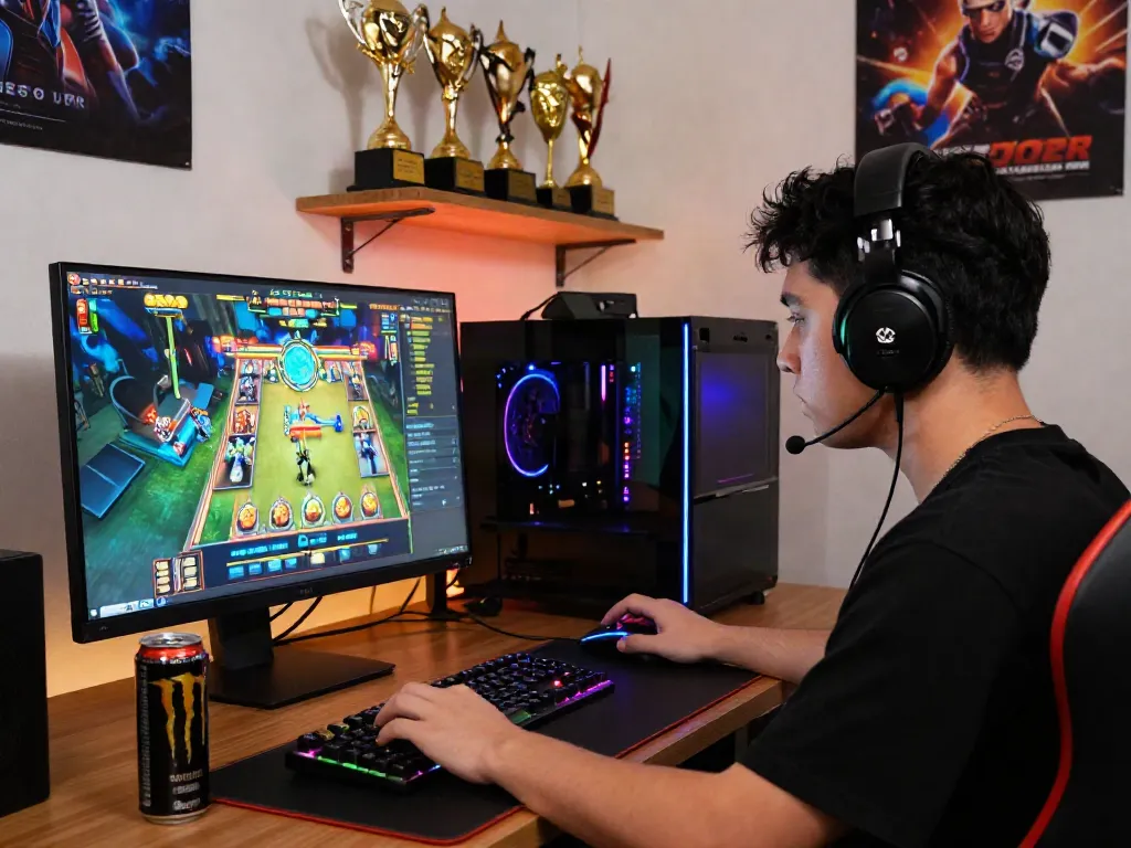 Lumbung88 gamer enjoying an engaging online slot game in a vibrant gaming setup.