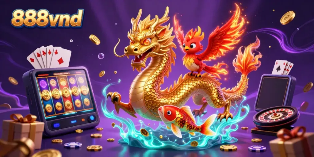 Experience vibrant 888vnd action with a dragon, phoenix, and koi fish amidst playful casino elements.