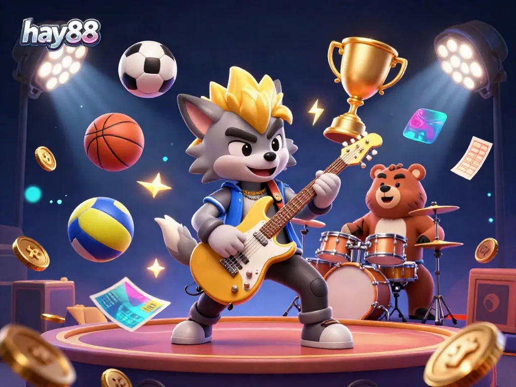 Experience the electrifying scene of hay88 with vibrant characters and dynamic gaming elements showcasing a thrilling casino atmosphere.