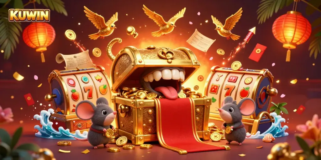 KUWIN players enjoy spinning slot reels and exploring treasure chests in this vibrant casino scene.