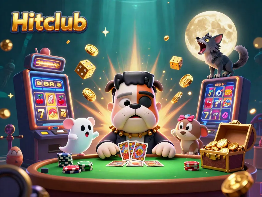 Hitclub's lively characters engaging in thrilling card deals amidst colorful casino elements and jackpot excitement.